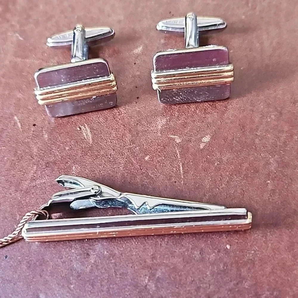 Christian Dior Gold and Silver Tone Cufflinks and Tie Bar set